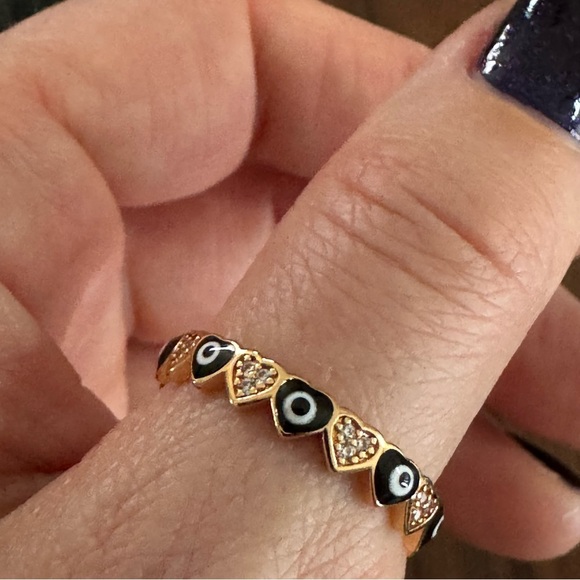 PRETTY BIRD JEWELRY 18K ROSE GOLD PLATED RING WITH BLACK ENAMEL EVIL EYE HEARTS - Picture 3 of 6